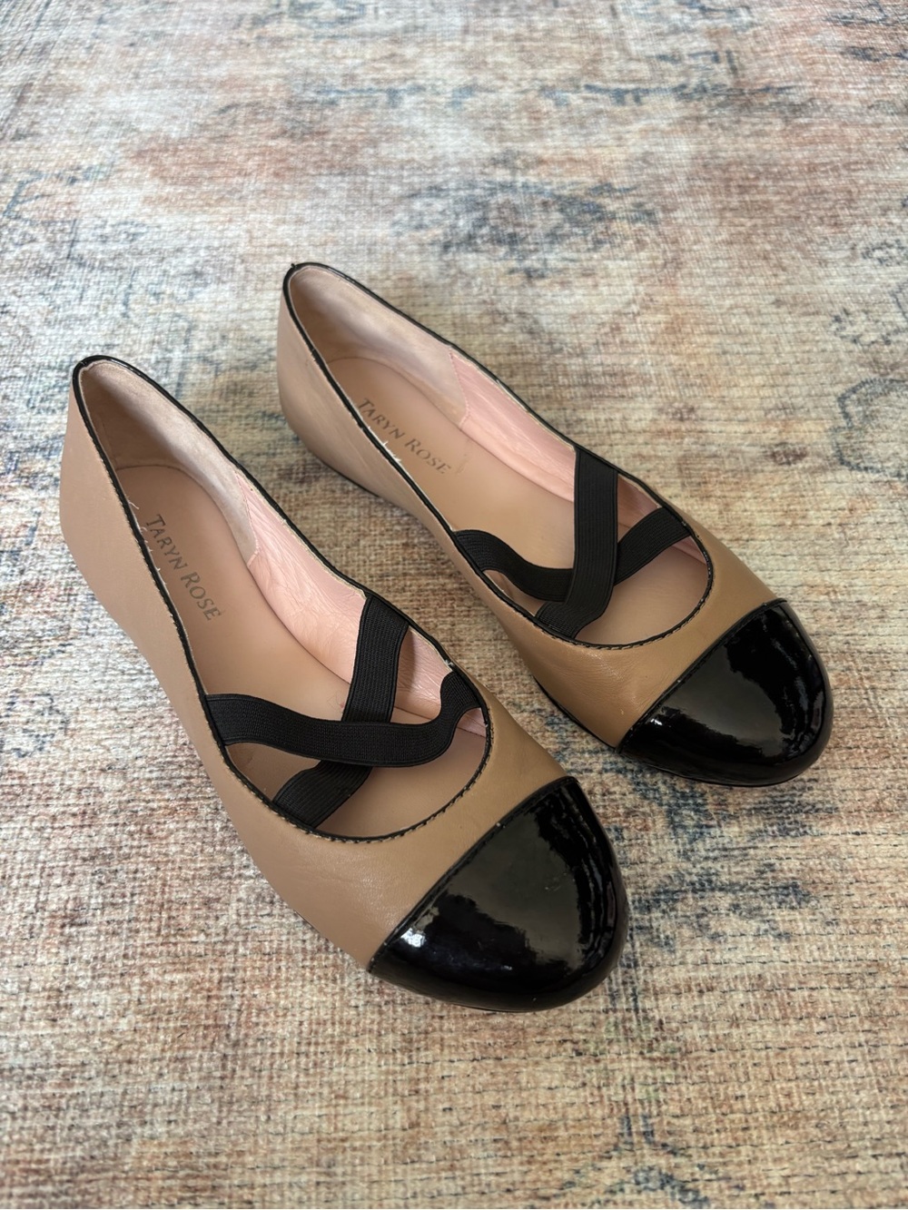 Taryn Rose Taupe Flats with Black Patent Cap Toe